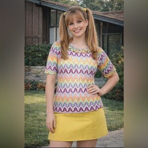 Vintage 1960’s crochet top with ruffled neckline- colorful zigzag pattern NWT